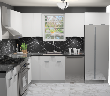 10x10 L-Shape Kitchen Layout Design - Glossy White Cabinets