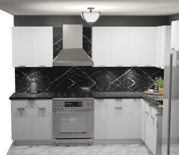 10x10 L-Shape Kitchen Layout Design - Glossy White Cabinets