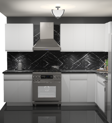 10x10 L-Shape Kitchen Layout Design - Lacquer White Cabinets