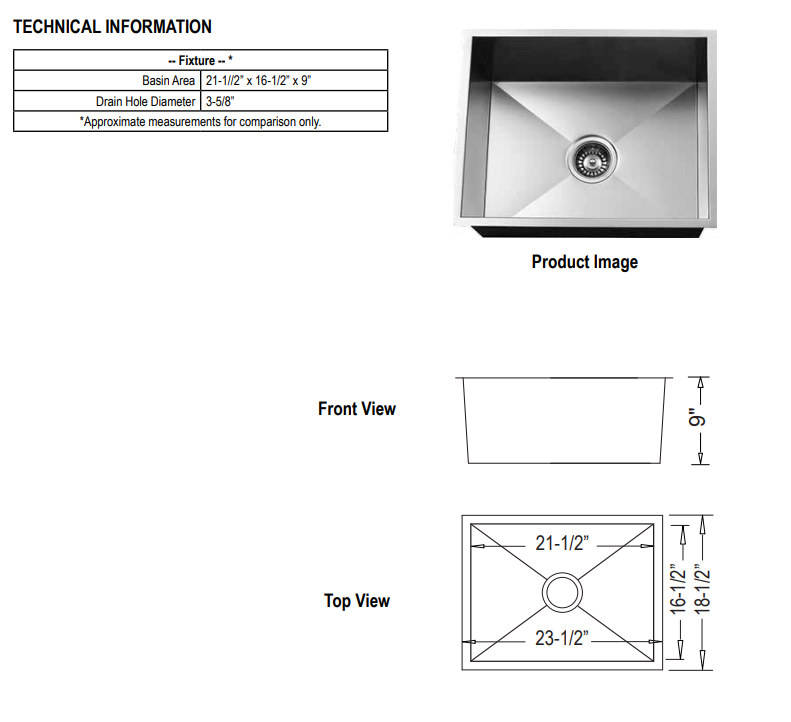 Solution - 18 Gauge Stainless Steel Single Basin Rectangle - 23-1//2" x 18-1/2"