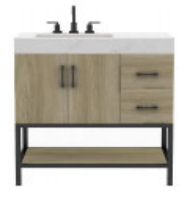 Utopia Freestanding Solid Wood Bathroom Vanity Combo with Calacatta Sintered Stone Top with Metal Base with Open Shelf Storage - Dark Oak Finish