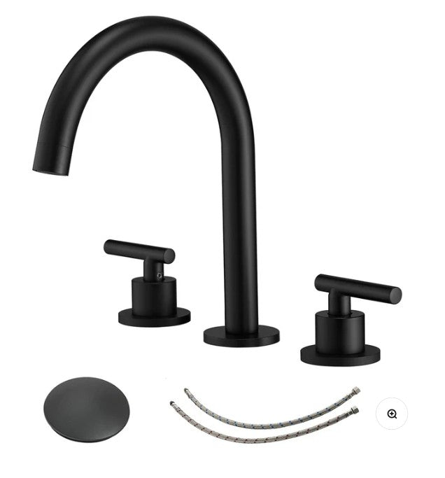 Wellfor Bathroom Faucet - 8 in. Widespread Double Handle Bathroom Faucet With Pop-up Drain Assembly in Matte Black -  A-916441-Black