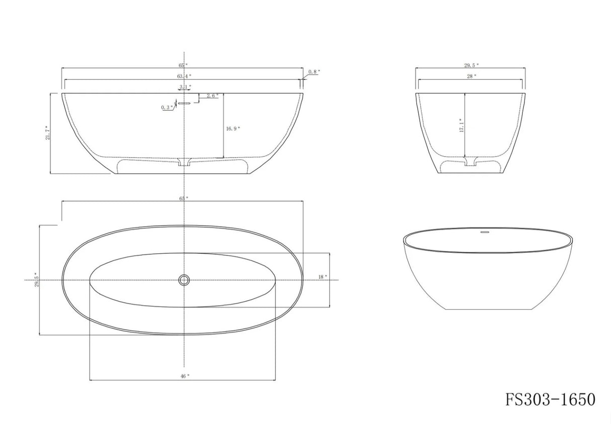 Wellfor - 65" Stone Resin Solid Surface Flat Bottom Freestanding Bathtub - FS303-1650