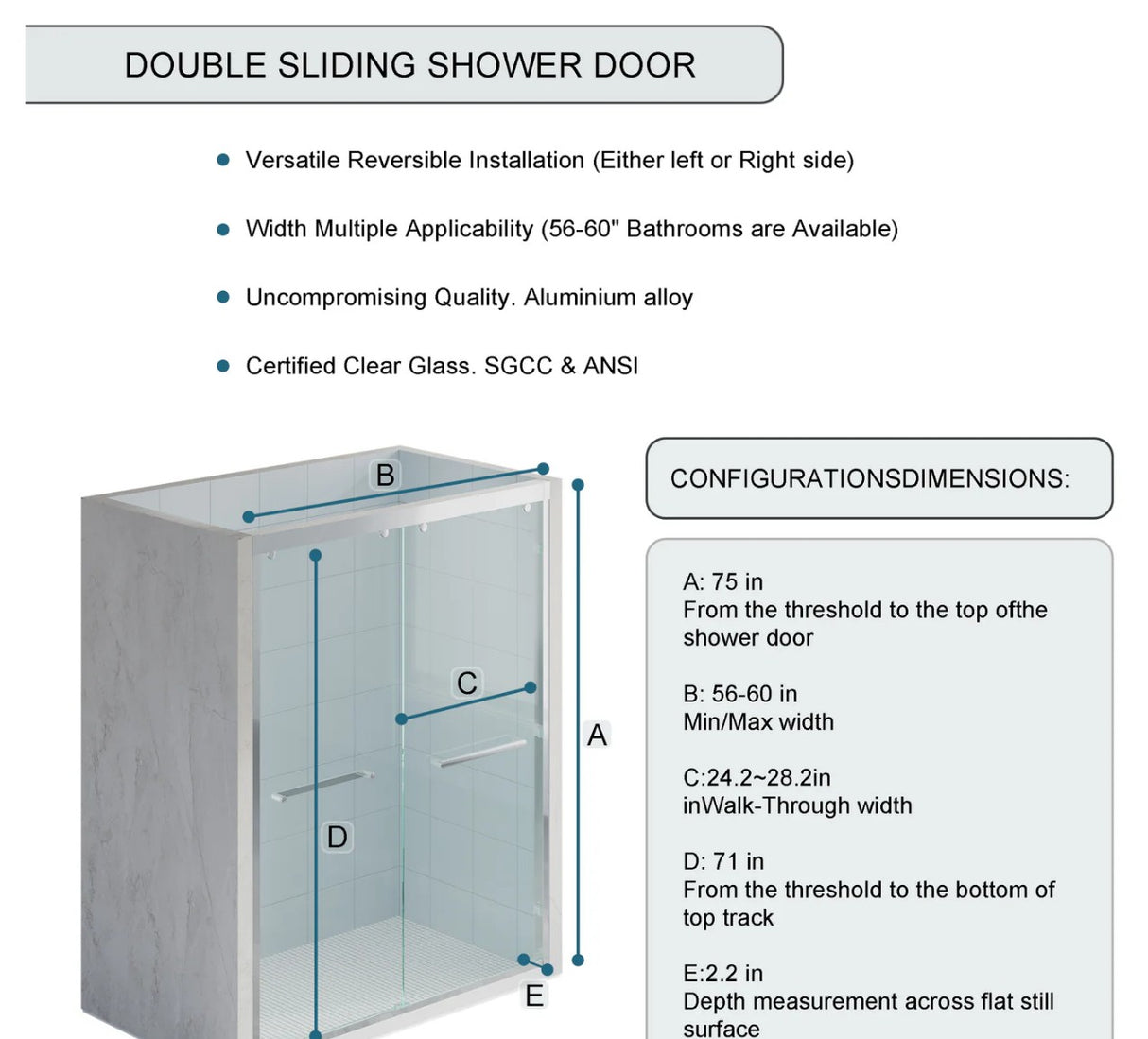 Wellfor 56–60 Inch Double Sliding Shower Door with Chrome Aluminum Alloy Frame and 5/16" Tempered Clear Glass -  P303460