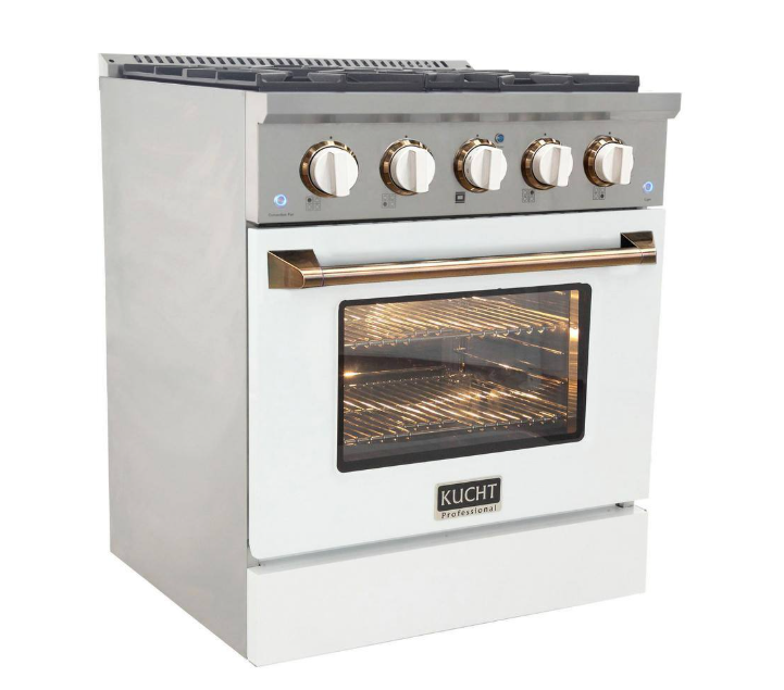 KUCHT Professional 30 in. 4.2 cu. ft. Dual Fuel Range for Natural Gas with Sealed Burners and Convection Oven in Stainless Steel with Gold Handle, Rings and Knobs.
