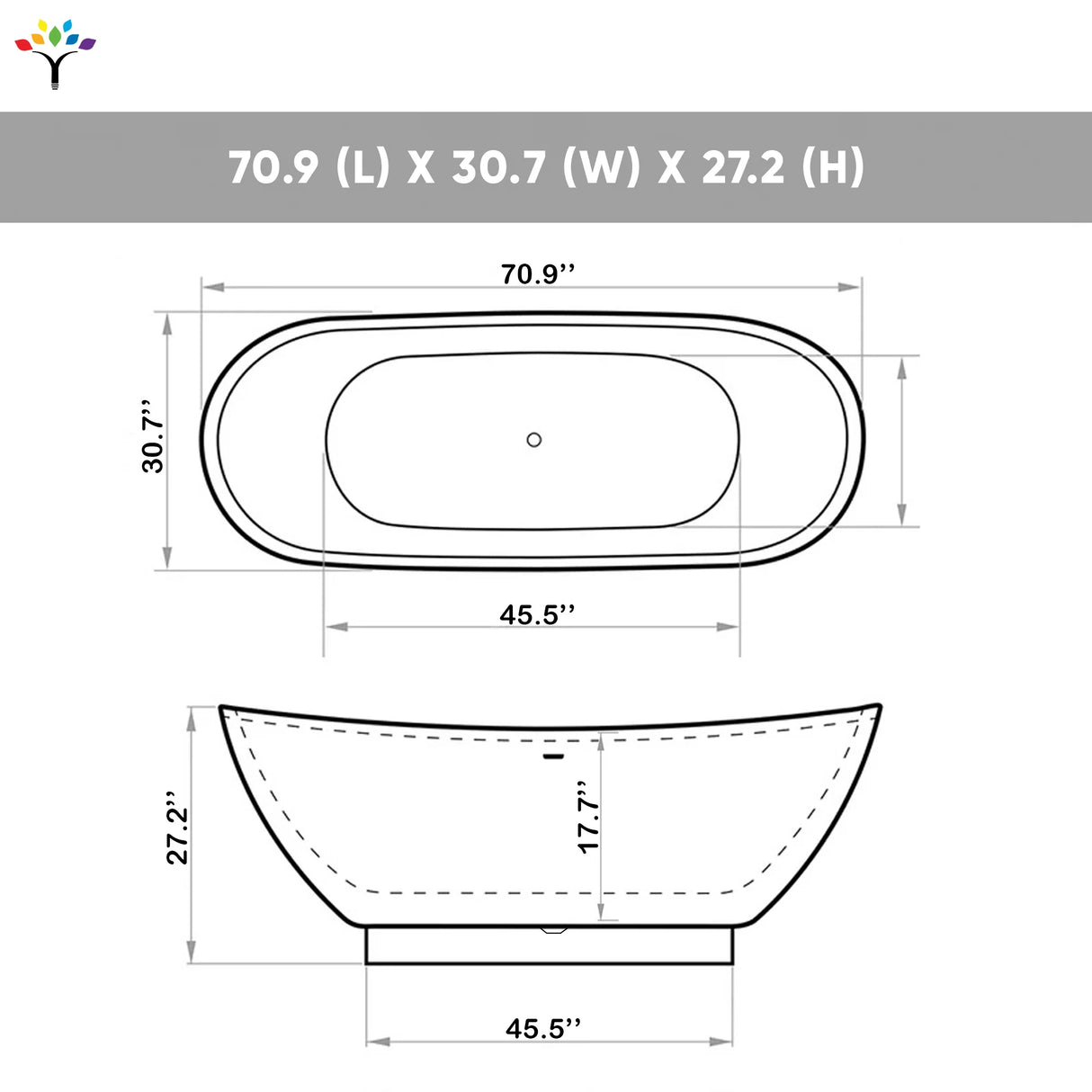 Sky 71 In. Freestanding Soaking Acrylic Bathtub with Chrome Plated - Center Drain & Overflow Cover