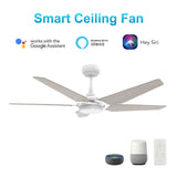 Voyager 52" In. White/Wooden 5 Blade Smart Ceiling Fan with Dimmable LED Light Kit Works with Remote Control, Wi-Fi apps and Voice control via Google Assistant/Alexa/Siri