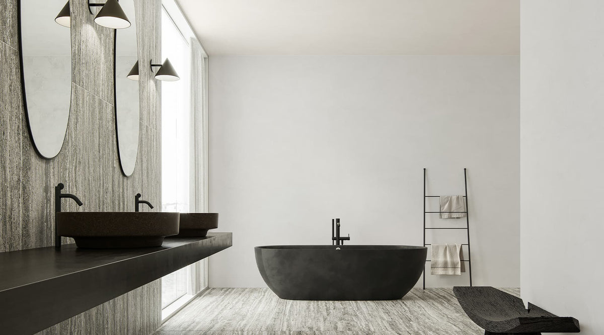 24 x 48 in Majesto Travertino Titanium Grained Rectified Colorsync Porcelain Tile installed