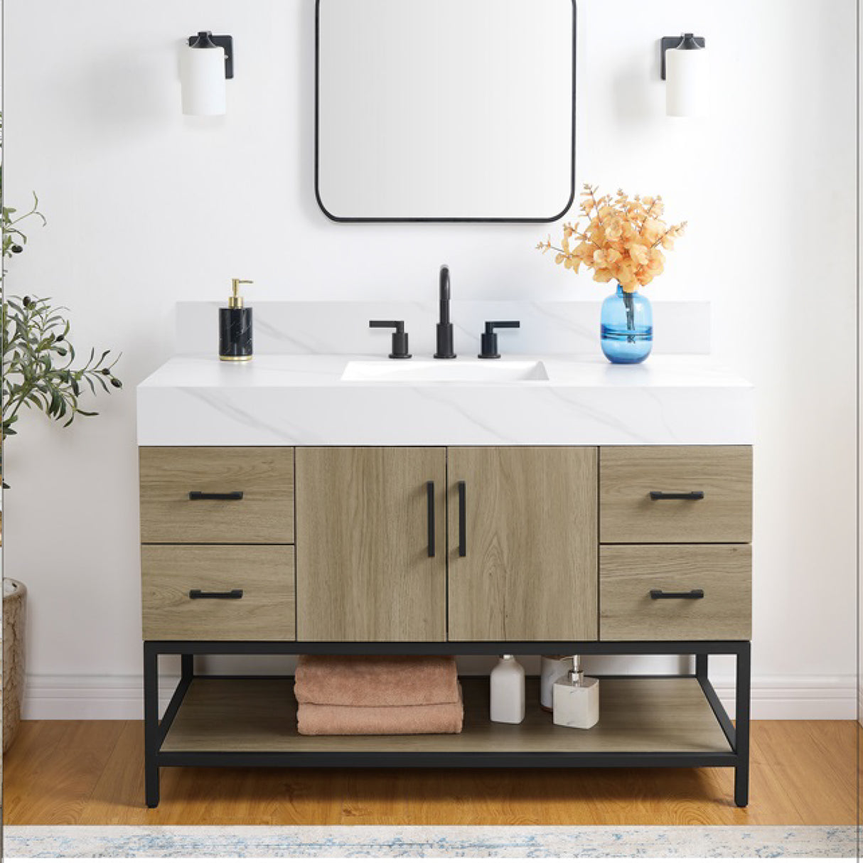 Utopia Freestanding Solid Wood Bathroom Vanity Combo with Calacatta Sintered Stone Top with Metal Base with Open Shelf Storage - Dark Oak Finish