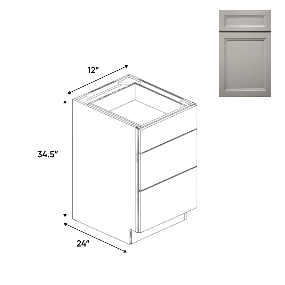 Windsor Ashen - Three Drawer Base Cabinets - 12"W x 34.5"H x 24"D - Pre Assembled