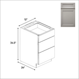 Windsor Ashen - Three Drawer Base Cabinets - 12"W x 34.5"H x 24"D - Pre Assembled