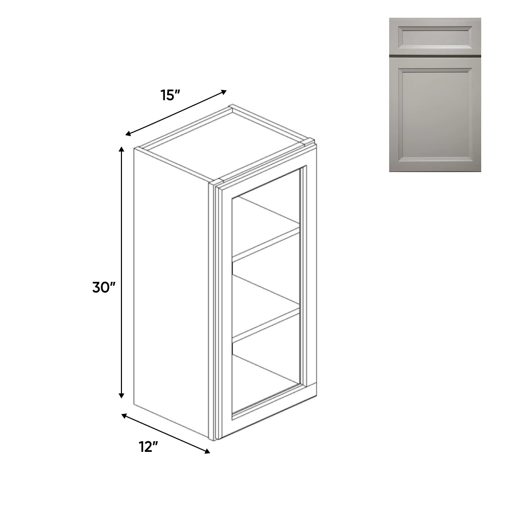 RTA - Windsor Ashen - Single Glass Door Wall Cabinets - 15"W x 30"H x 12"D