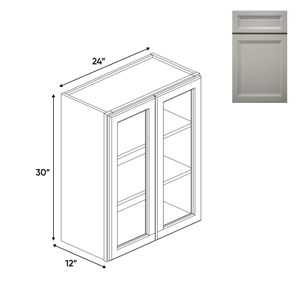 Windsor Ashen - Double Glass Door Wall Cabinets - 24"W x 30"H x 12"D - Pre Assembled