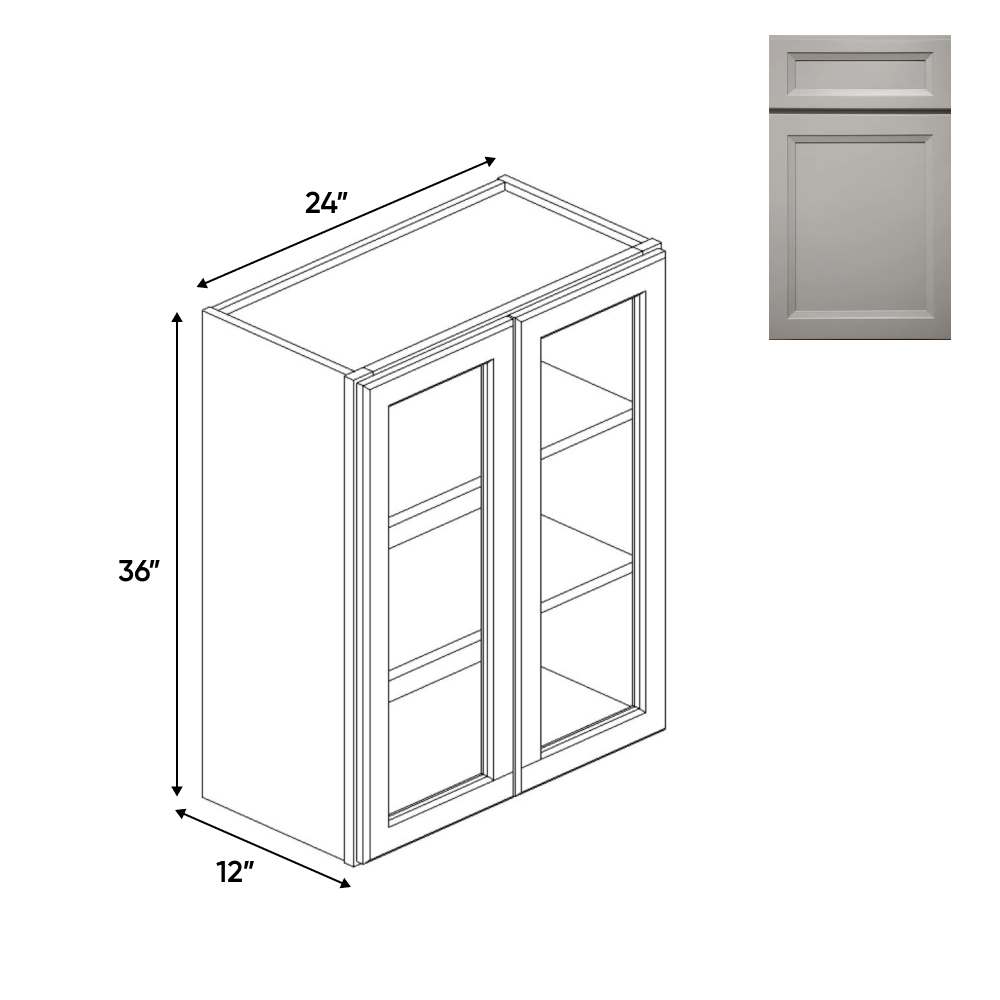 Windsor Ashen - Double Glass Door Wall Cabinets - 24"W x 36"H x 12"D - Pre Assembled