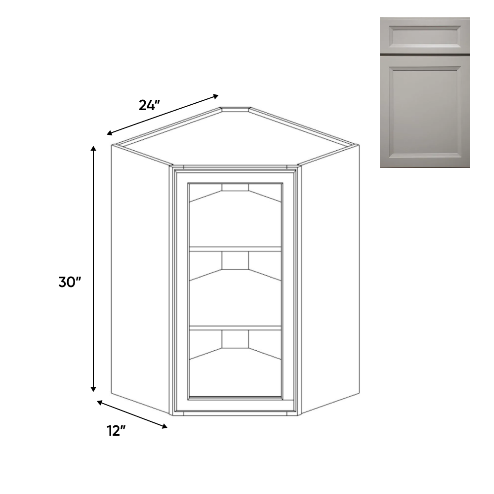 Windsor Ashen - Diagonal Corner Glass Door Wall Cabinets - 24"W x 30"H x 12"D - Pre Assembled