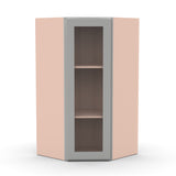 Liberty Shaker Ashen - 27 Inch Diagonal Corner Glass Door Wall Cabinet - 27" Width x 36" Height x 15" Depth