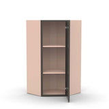 Liberty Shaker Grey - 27 Inch Diagonal Corner Glass Door Wall Cabinet - 27" Width x 36" Height x 15" Depth