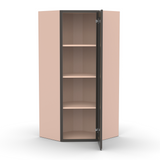 Liberty Shaker Grey - 27 Inch Diagonal Corner Glass Door Wall Cabinet - 27" Width x 42" Height x 15" Depth