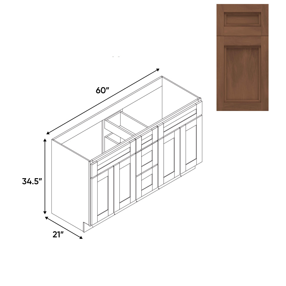 RTA - Havana Walnut - Vanity Cabinets with 3 Drawer Center - 4 Drawer Side - 60"W x 34.5"H x 21"D - HAW-6021DD