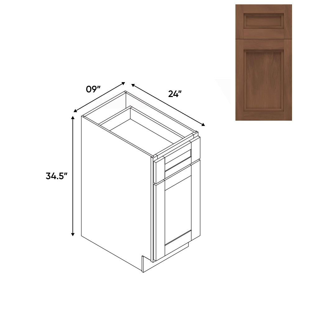 RTA - Havana Walnut - 9"W - Base Cabinet with 1 Door 1 Drawer 1 Shelf - 9"W x 34.5"H x 24"D