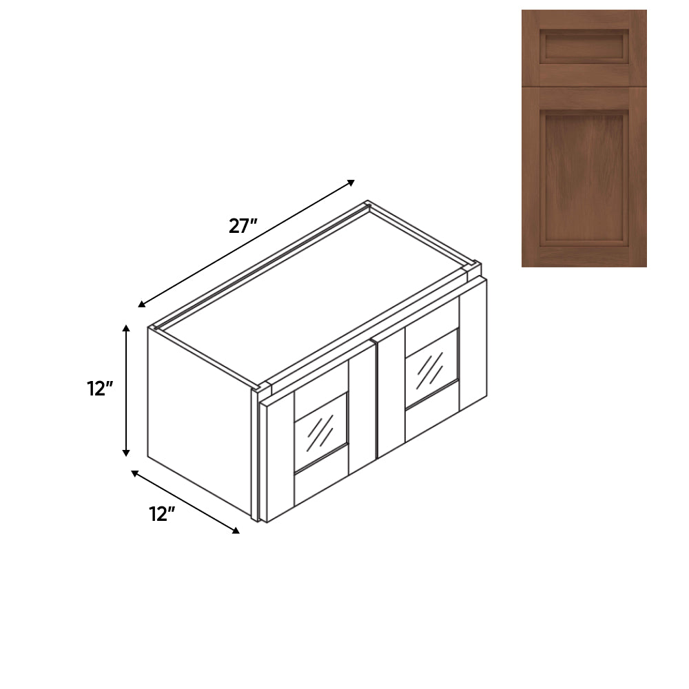 RTA - Havana Walnut - 27"W - Stack Up Wall Cabinet with Two Glass Door - 27"W x 12"H x 12"D - HAW-W2712GD