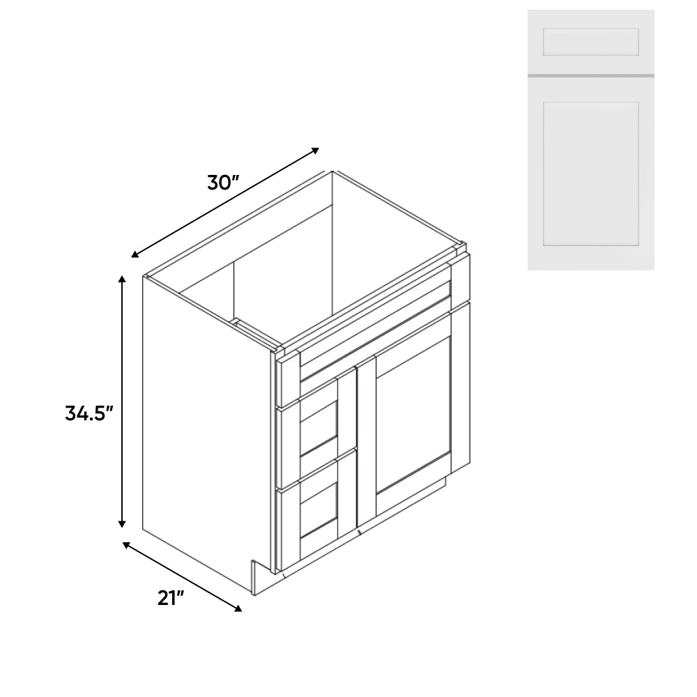 RTA - White Shaker - Vanity Cabinets with 1 Door 2 Drawer Left - 30"W x 34.5"H x 21"D - VWS-3021DL