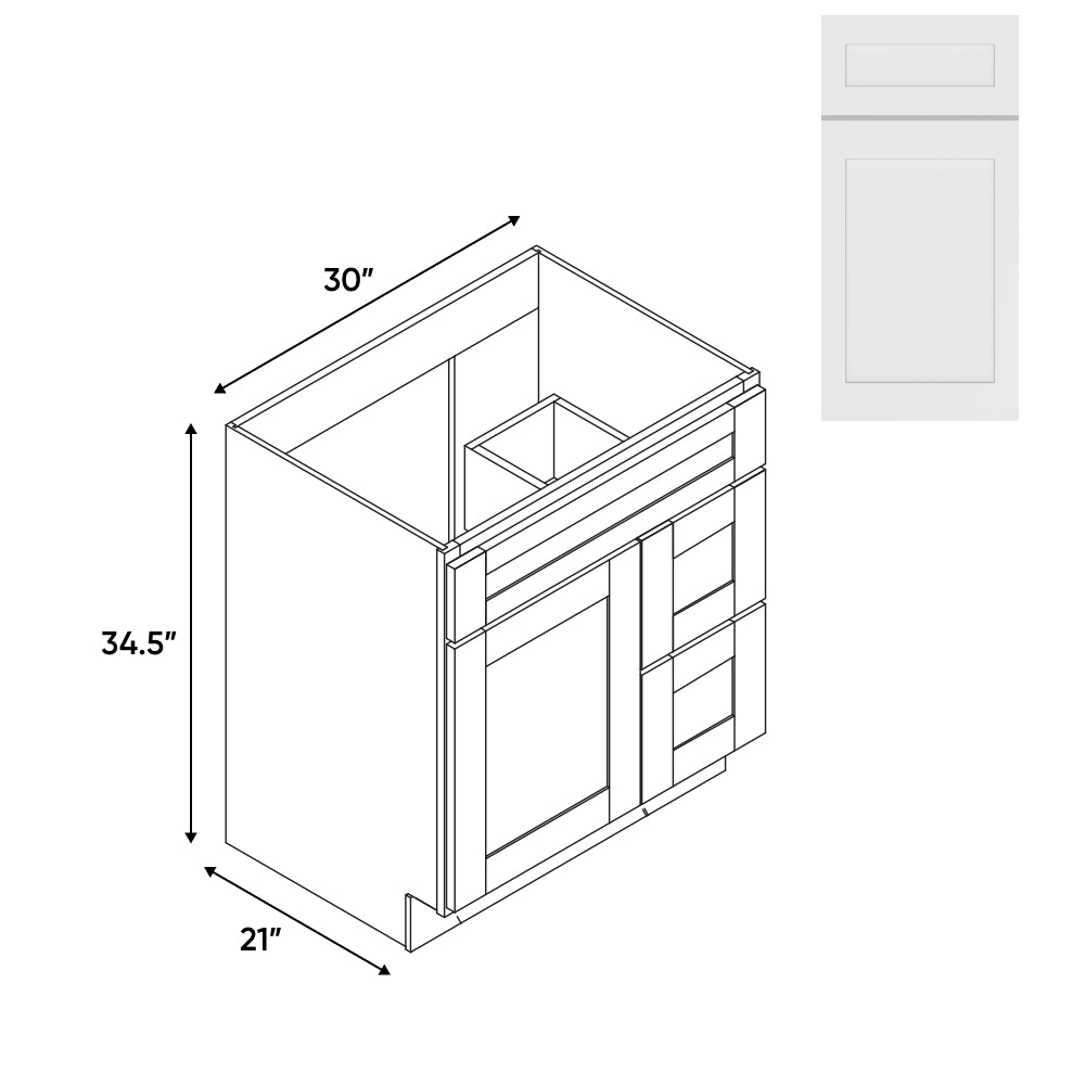 RTA - White Shaker - Vanity Cabinets with 1 Door 2 Drawer Right - 30"W x 34.5"H x 21"D - VWS-3021DR