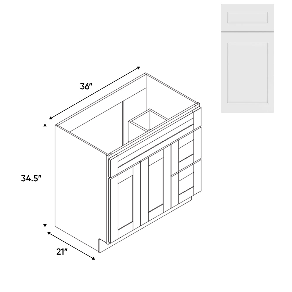 RTA - White Shaker - Vanity Cabinets with 2 Door 2 Drawer Right - 36"W x 34.5"H x 21"D - VWS-3621DR