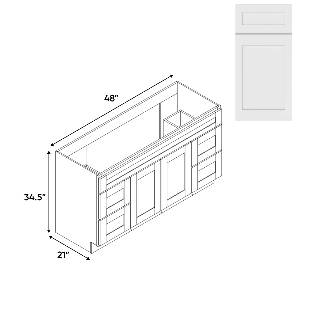 RTA - White Shaker - Vanity Cabinets with 2 Door - 4 Drawer (2 Left - 2 Right) - 48"W x 34.5"H x 21"D - VWS-4821D