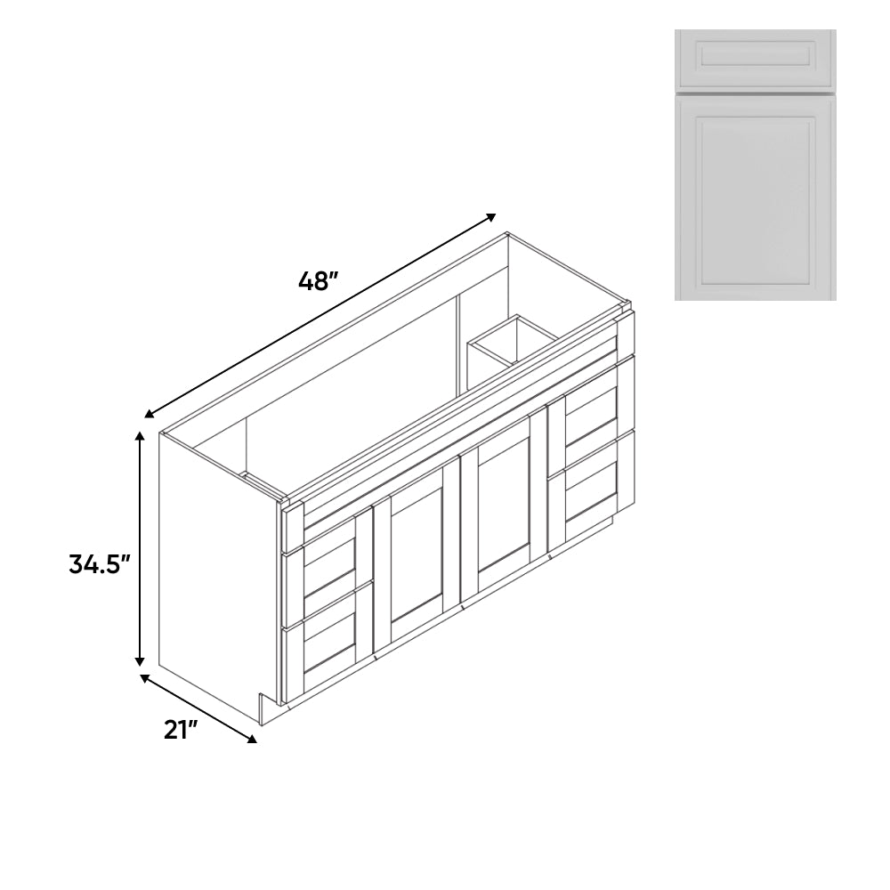 RTA - Elegant Shaker White - Vanity Cabinets with 2 Door - 4 Drawer (2 Left - 2 Right) - 48"W x 34.5"H x 21"D