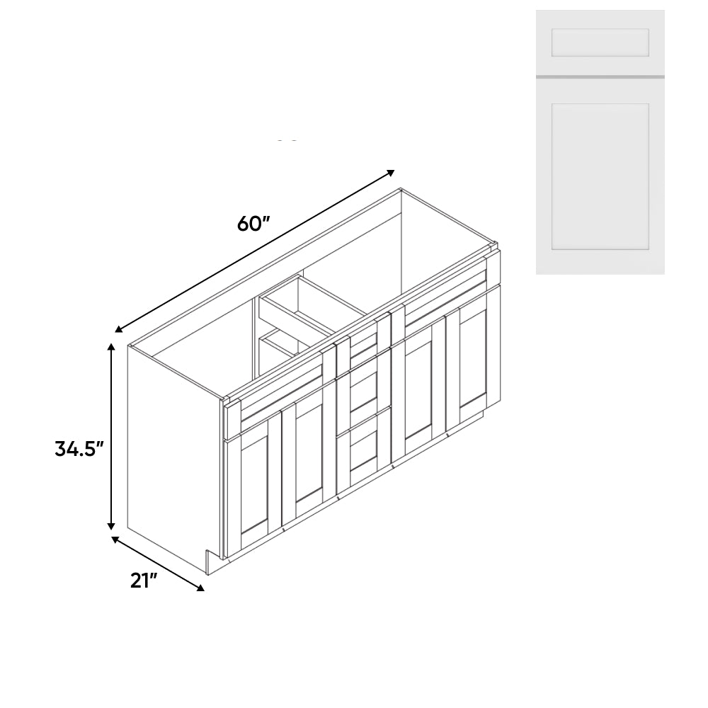 RTA - White Shaker - Vanity Cabinets with 3 Drawer Center - 4 Drawer Side - 60"W x 34.5"H x 21"D - VWS-6021DD