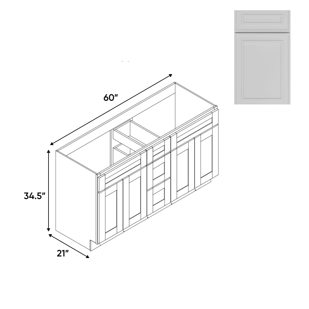 RTA - Elegant Shaker White - Vanity Cabinets with 3 Drawer Center - 4 Drawer Side - 60"W x 34.5"H x 21"D