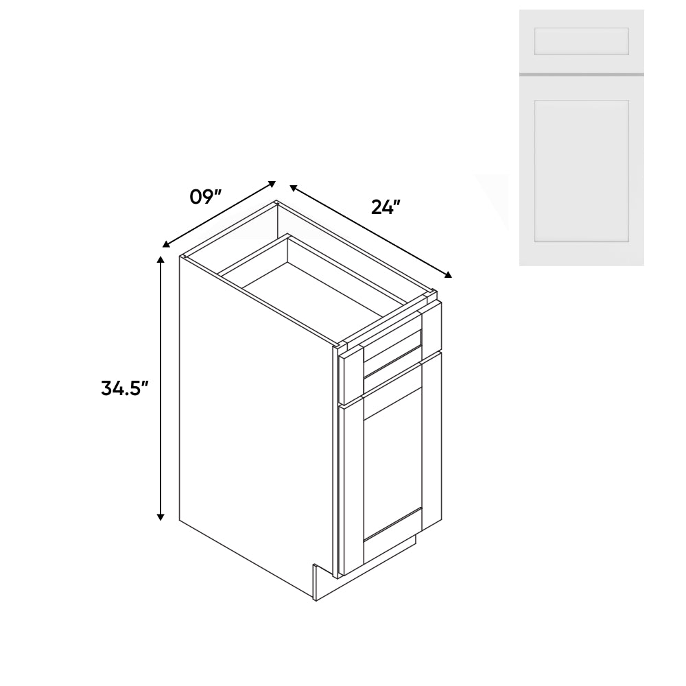 RTA - White Shaker - 9"W - Base Cabinet with 1 Door 1 Drawer 1 Shelf - 9"W x 34.5"H x 24"D