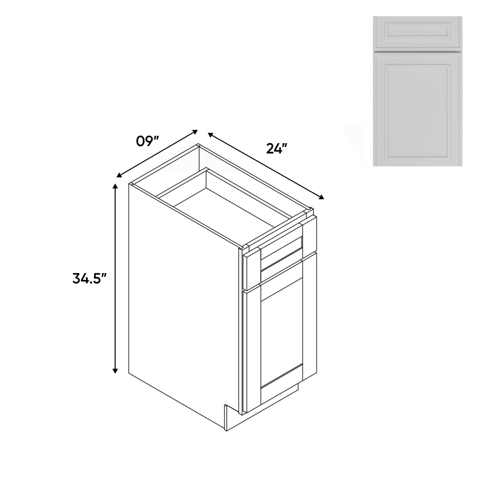 RTA - Elegant Shaker White - 9"W - Base Cabinet with 1 Door 1 Drawer 1 Shelf - 9"W x 34.5"H x 24"D