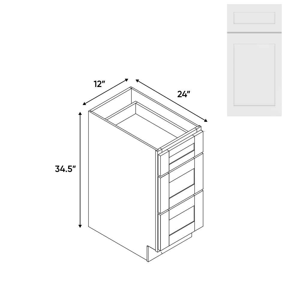 RTA - White Shaker - 12"W - Drawer Pack Base Cabinets with 3 Drawer - 12"W x 34.5"H x 24"D