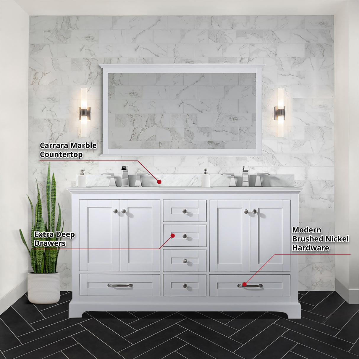 Dukes 60 in. Bathroom Freestanding Bathroom Vanity With Undermount Ceramic Sink with White Carrara Marble Top
