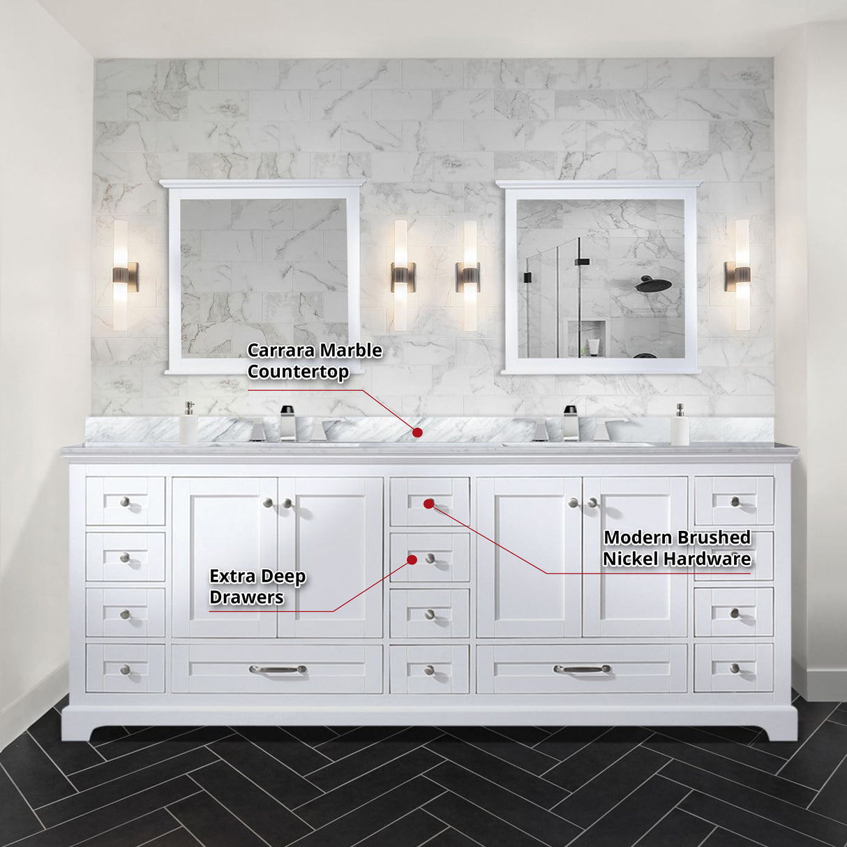 Dukes 84 in. Bathroom Freestanding Bathroom Vanity With Undermount Ceramic Sink with White Carrara Marble Top