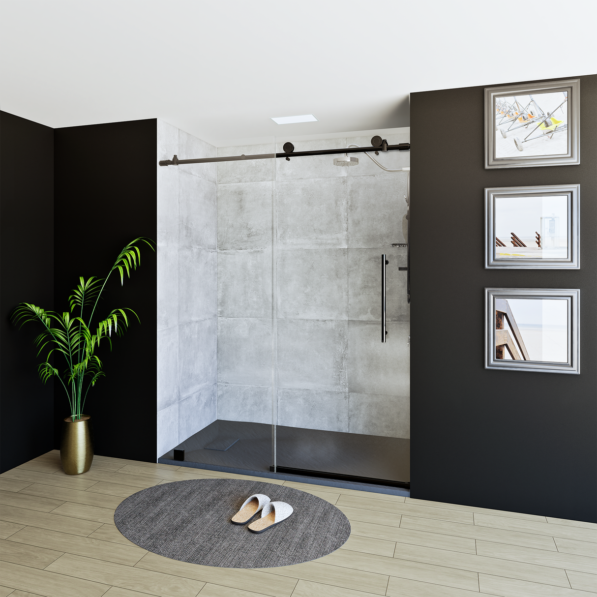 60" x 76" Frameless Shower Door with Black - Solid Surface Shower Base Tray - Shower Kit with covered drain - and 5pc Shower Wall System