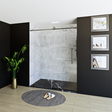 60" x 76" Frameless Shower Door with Brushed Grey - Solid Surface Shower Base Tray - Shower Kit with covered drain - and 5pc Shower Wall System