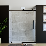 60" x 76" Frameless Shower Door with Brushed Grey - Solid Surface Shower Base Tray - Shower Kit with covered drain - and 5pc Shower Wall System