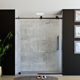 60" x 76" Frameless Shower Door with Black - Solid Surface Shower Base Tray - Shower Kit with covered drain - and 5pc Shower Wall System