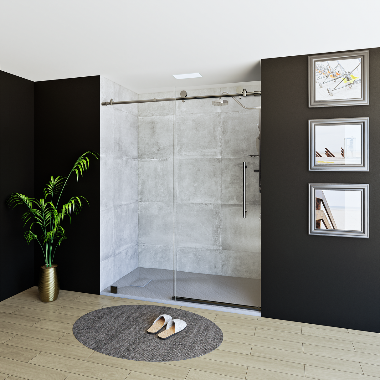 60" x 76" Frameless Shower Door with Brushed Grey - Solid Surface Shower Base Tray - Shower Kit with covered drain - and 5pc Shower Wall System