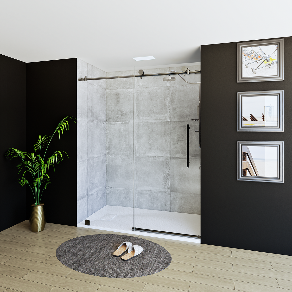 60" x 76" Frameless Shower Door with Brushed Grey - Solid Surface Shower Base Tray - Shower Kit with covered drain - and 5pc Shower Wall System