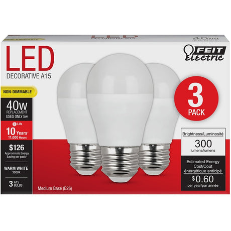 A15 LED Light Bulbs, 5 Watts, E26, 300 lumens, 3000K, Non - Dimmable - BUILDMYPLACE