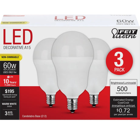 A15 LED Light Bulbs, 6.5 Watts, E26, 500 Lumens, White, Candelabra Base, 3000K Non - Dimmable - BUILDMYPLACE