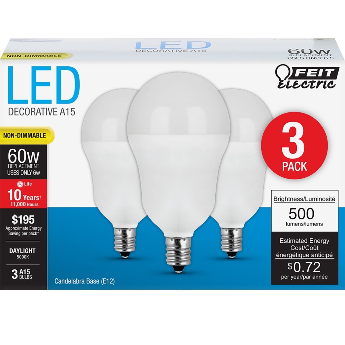 A15 LED Light Bulbs, 6.5 Watts, E26, 500 Lumens, White, Candelabra Base, 3000K Non - Dimmable - BUILDMYPLACE