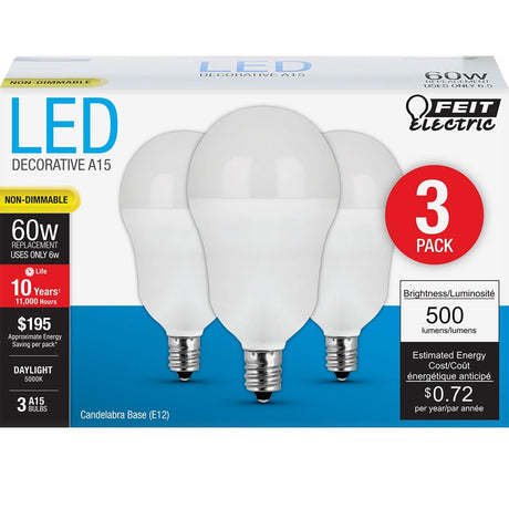 A15 LED Light Bulbs, 6.5 Watts, E26, 500 Lumens, White, Candelabra Base, 3000K Non - Dimmable - BUILDMYPLACE