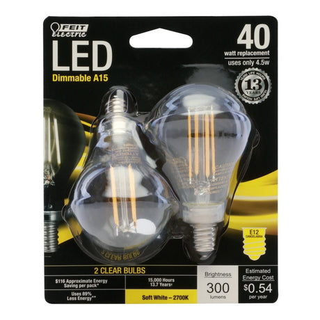 A15 LED Light Bulbs, A - shape, Candelabra Base Filament, Dimmable, Crystal Decorative Bulb, Clear, 2 Pack - BUILDMYPLACE