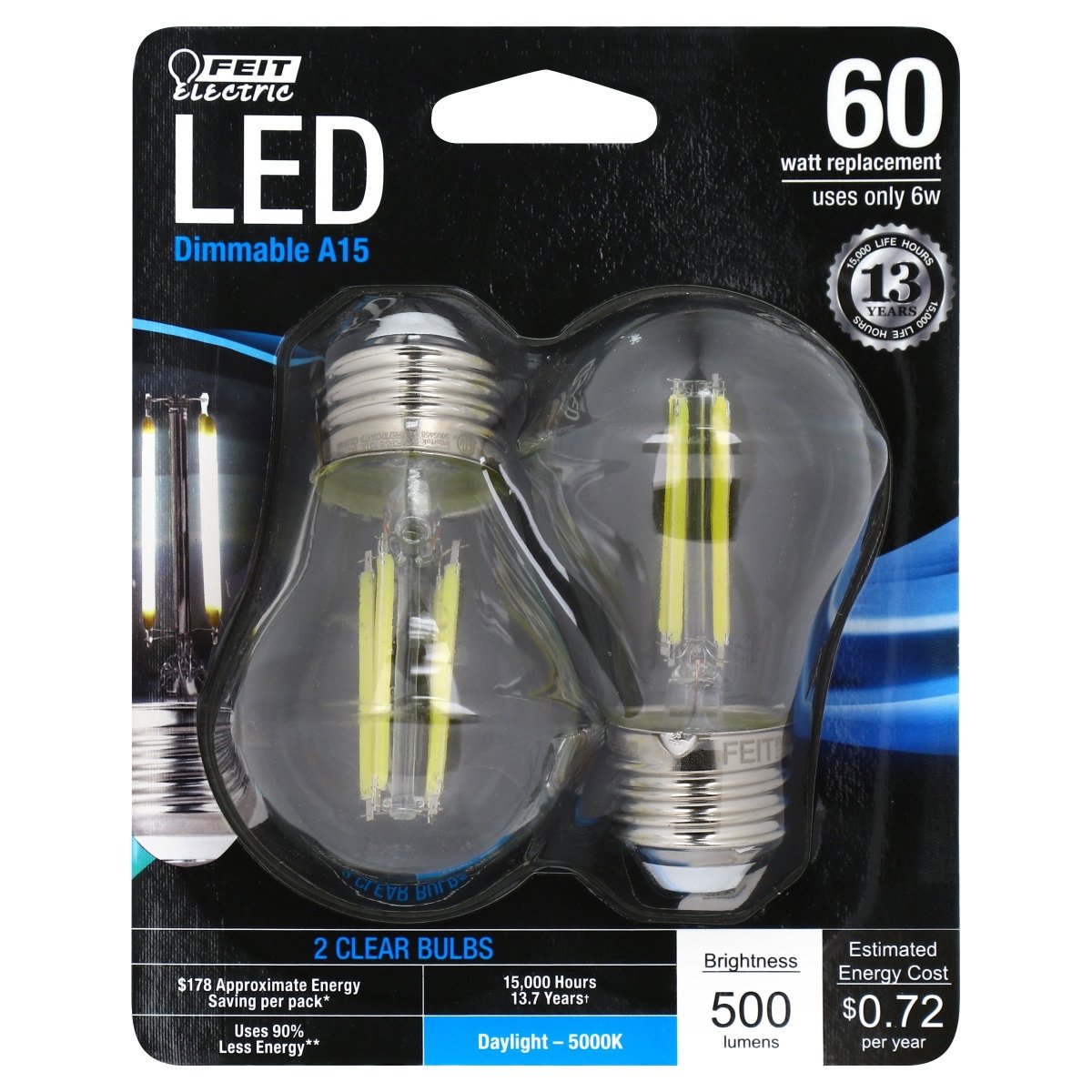 A15 LED Light Bulbs, E26, Filament, Dimmable, Crystal Clear, Decorative, Medium Base, 2 Pack - BUILDMYPLACE