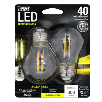 A15 LED Light Bulbs, E26, Filament, Dimmable, Crystal Clear, Decorative, Medium Base, 2 Pack